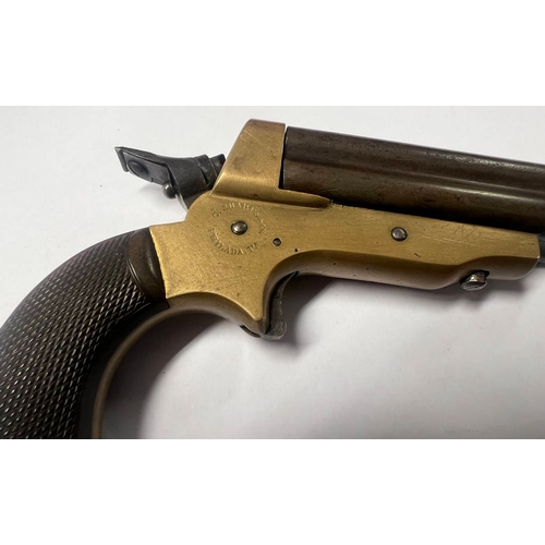 1127 - C SHARPS PATENT 1859 DERRINGER PISTOL WITH 4  3'' BARRELS, BRASS BODY WITH MAKERS MARKINGS, BOTH BAR... 