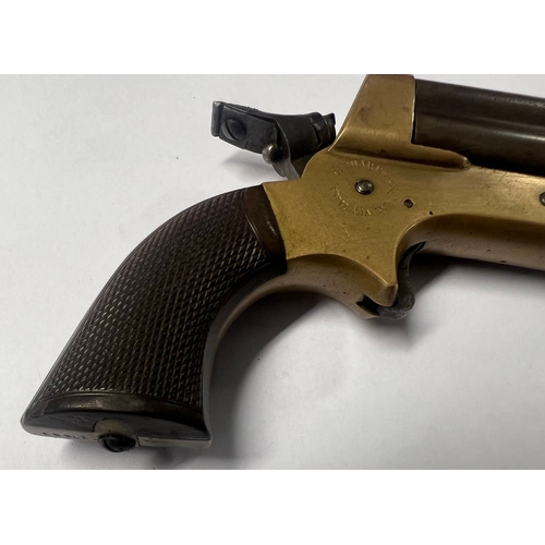 1127 - C SHARPS PATENT 1859 DERRINGER PISTOL WITH 4  3'' BARRELS, BRASS BODY WITH MAKERS MARKINGS, BOTH BAR... 