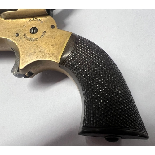 1127 - C SHARPS PATENT 1859 DERRINGER PISTOL WITH 4  3'' BARRELS, BRASS BODY WITH MAKERS MARKINGS, BOTH BAR... 