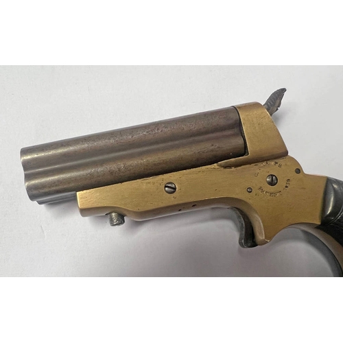 1127 - C SHARPS PATENT 1859 DERRINGER PISTOL WITH 4  3'' BARRELS, BRASS BODY WITH MAKERS MARKINGS, BOTH BAR... 