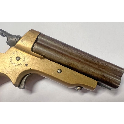 1127 - C SHARPS PATENT 1859 DERRINGER PISTOL WITH 4  3'' BARRELS, BRASS BODY WITH MAKERS MARKINGS, BOTH BAR... 