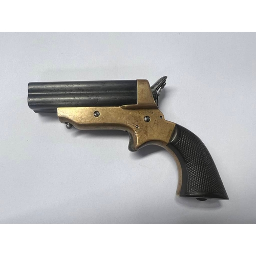 1200 - C SHARPS PATENT 1859 DERRINGER PISTOL WITH 4  2'' BARRELS, BRASS BODY WITH MAKERS MARKS, BUTT MARKED... 