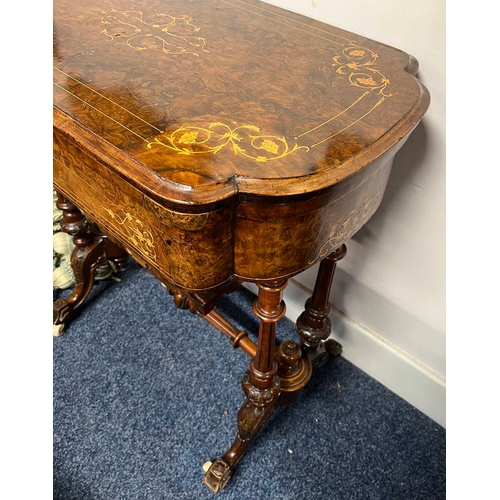 5195 - 19TH CENTURY INLAID BURR WALNUT GAMES TABLE WITH FLIP UP TOP OVER SINGLE DRAWER ON DECORATIVE CARVED... 