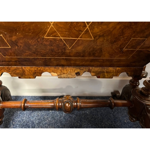 5195 - 19TH CENTURY INLAID BURR WALNUT GAMES TABLE WITH FLIP UP TOP OVER SINGLE DRAWER ON DECORATIVE CARVED... 