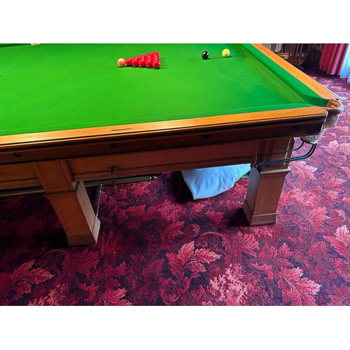 5218 - 20TH CENTURY OAK FRAMED 5 SLATE BED SNOOKER TABLE ON SQUARE SUPPORTS, TOTAL LENGTH 383CM X TOTAL WID... 