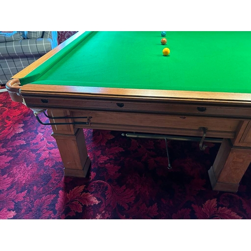 5218 - 20TH CENTURY OAK FRAMED 5 SLATE BED SNOOKER TABLE ON SQUARE SUPPORTS, TOTAL LENGTH 383CM X TOTAL WID... 