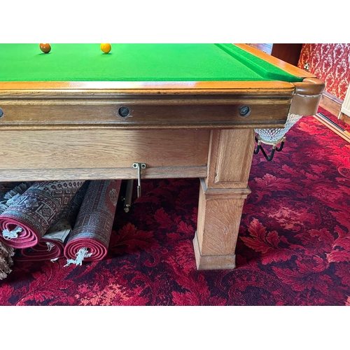 5218 - 20TH CENTURY OAK FRAMED 5 SLATE BED SNOOKER TABLE ON SQUARE SUPPORTS, TOTAL LENGTH 383CM X TOTAL WID... 