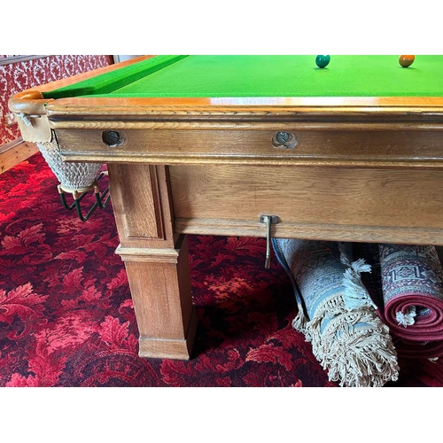 5218 - 20TH CENTURY OAK FRAMED 5 SLATE BED SNOOKER TABLE ON SQUARE SUPPORTS, TOTAL LENGTH 383CM X TOTAL WID... 