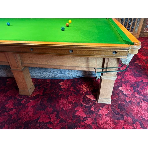 5218 - 20TH CENTURY OAK FRAMED 5 SLATE BED SNOOKER TABLE ON SQUARE SUPPORTS, TOTAL LENGTH 383CM X TOTAL WID... 