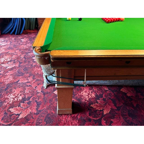 5218 - 20TH CENTURY OAK FRAMED 5 SLATE BED SNOOKER TABLE ON SQUARE SUPPORTS, TOTAL LENGTH 383CM X TOTAL WID... 