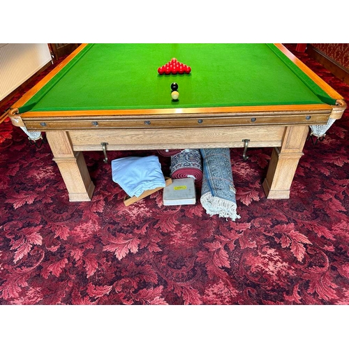 5218 - 20TH CENTURY OAK FRAMED 5 SLATE BED SNOOKER TABLE ON SQUARE SUPPORTS, TOTAL LENGTH 383CM X TOTAL WID... 