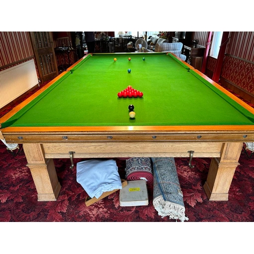 5218 - 20TH CENTURY OAK FRAMED 5 SLATE BED SNOOKER TABLE ON SQUARE SUPPORTS, TOTAL LENGTH 383CM X TOTAL WID... 