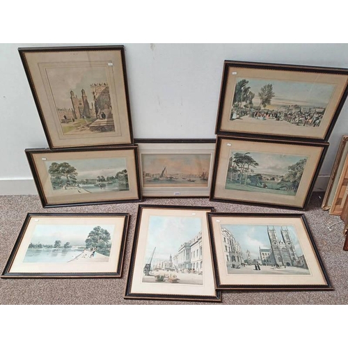 1030 - SET OF 7 FRAMED PICTURES VIEWS OF LONDON & 1 OTHER FRAMED PICTURE OF WATERLOO BRIDGE WITH BOAT RACE