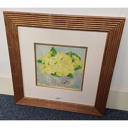 1031 - ANN PATRICK - (ARR) PRIMROSES SIGNED, LABEL TO REVERSE GILT FRAMED WATERCOLOUR 23 X 24 CM