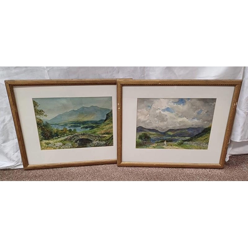 1033 - 2 GILT FRAMED WATER COLOURS OF COUNTRYSIDE SCENES, BOTH INDISTINCTLY SIGNED BY SAME ARTIST, 26 CM X ... 