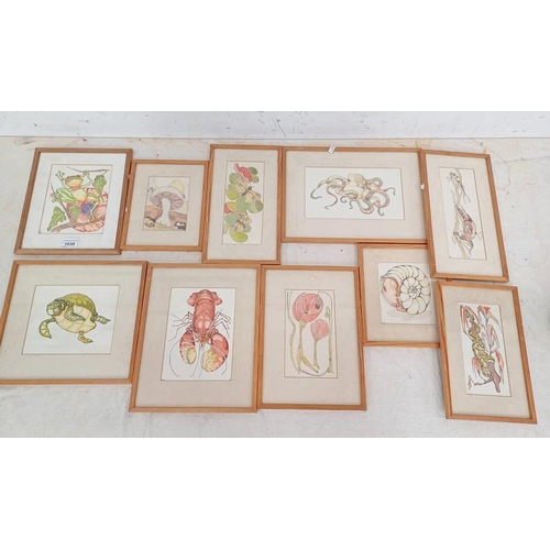 1039 - SELECTION OF PINE FRAMED WATERCOLOURS & INK PAINTINGS, INDISTINCTLY SIGNED C.M BIO DEPICTING VARIOUS... 