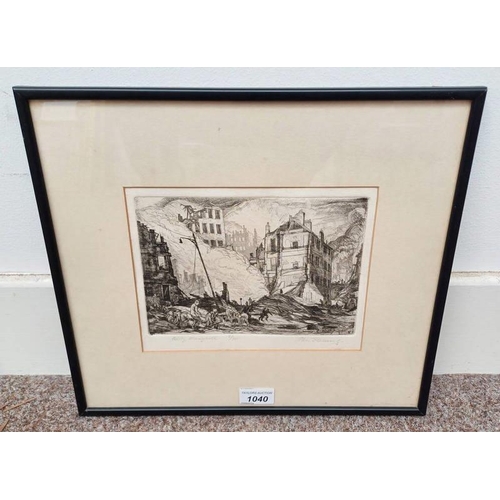 1040 - IAN FLEMING - (ARR) BLITZ, MARYHILL SIGNED IN PENCIL FRAMED ETCHING - 2/20 17.5 X 22.5 CM