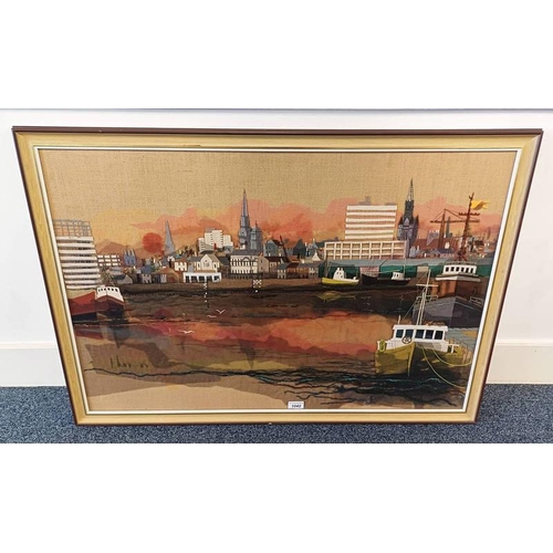 1042 - L DUNCAN - (ARR) ABERDEEN HARBOUR SCENE  SIGNED FRAMED NEEDLEWORK 60 X 90 CM