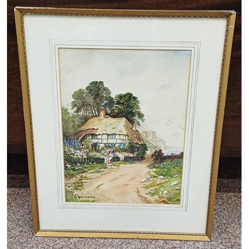 1043 - D HOUGHTON THATCHED COTTAGE  SIGNED FRAMED WATERCOLOUR 34 X 25 CM