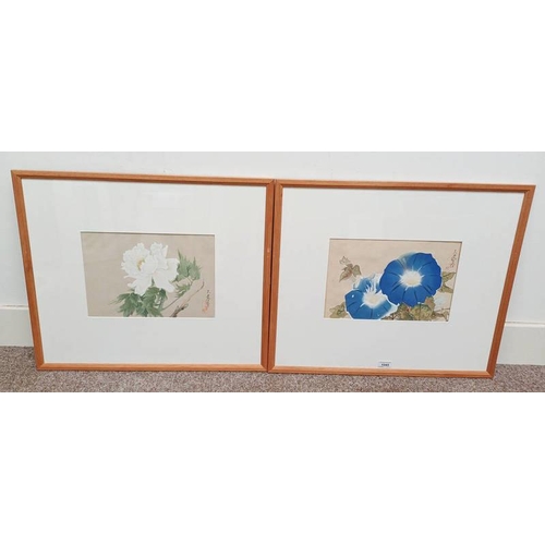 1045 - 2 FRAMED ORIENTAL WATERCOLOUR OF FLOWERS, SIGNED WITH VARIOUS CHARACTER MARKS, 23 X 35 CM