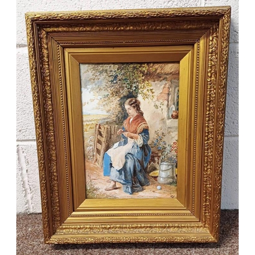 1048 - R A 1870 LADY SITTING KNITTING MONOGRAMMED GILT FRAMED WATERCOLOUR 33 X 23 CM