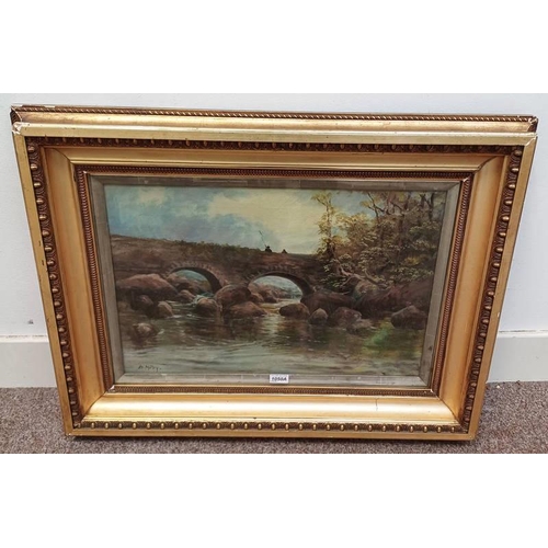 1050A - D MOTLEY FISHING OVER A BRIDGE SIGNED GILT FRAMED OIL PAINTING 39 X 59 CM