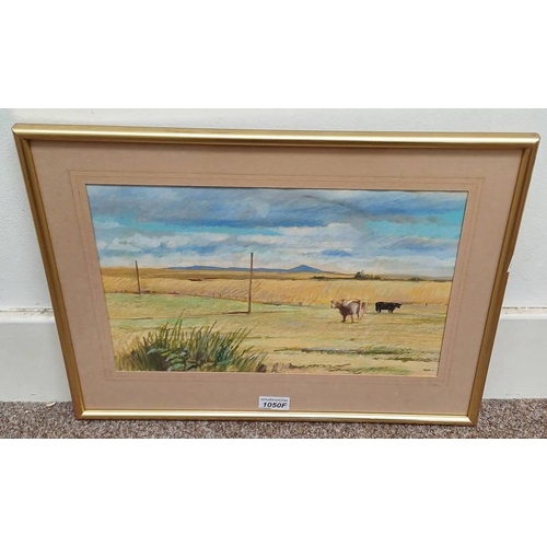 1050F - ERIC AULD - (ARR) CATTLE FIELDS & BENACHIE SIGNED GILT FRAMED PASTEL 24 X 38 CM