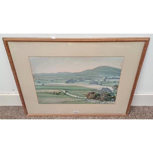 1050H - W MILES JOHNSTON LANDSCAPE WITH CHICKENS SIGNED FRAMED WATERCOLOUR 39 X 53 CM