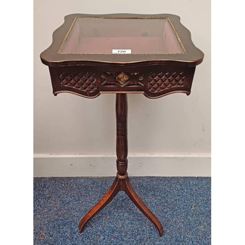 120 - MAHOGANY BIJOUTERIE TABLE WITH SHAPED LIFT-UP TOP ON CENTRE PEDESTAL WITH 3 SPREADING SUPPORTS, 76CM... 