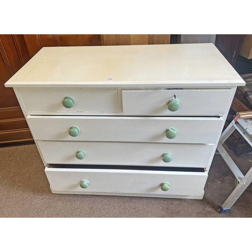 125 - PAINTED PINE CHEST OF 2 SHORT OVER 3 LONG GRADUATED DRAWERS ON PLINTH BASE, 85CM TALL X 102CM WIDE