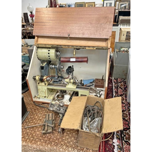 1389N - PULTRA LATHE WITH ACCESSORIES IN ITS FITTED WOODEN CASE WITH LIGHT