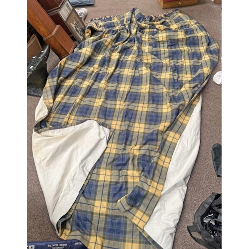 1513 - PAIR OF BLUE AND YELLOW TARTAN CURTAINS, 255CM WIDE AT BOTTOM AND 270CM DROP