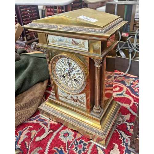 1517 - 20TH CENTURY FRENCH BRASS MANTLE CLOCK WITH PAINTED ENAMEL DIAL WITH BIRD DECORATION CLOCK KEYS & PE... 