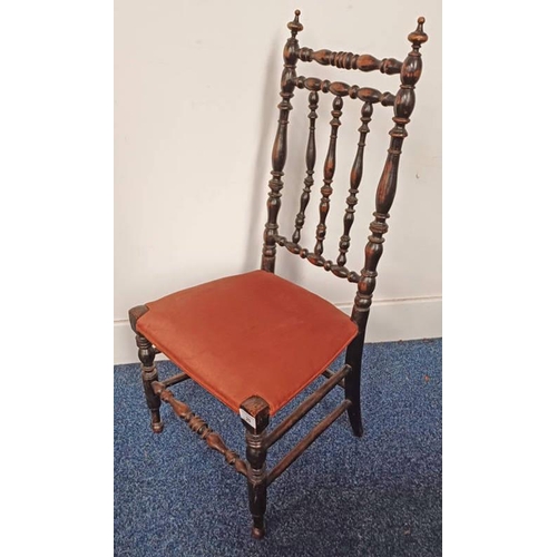 20 - LATE 19TH/EARLY 20TH CENTURY EBONISED CHAIR WITH DECORATIVE BOBBIN BACK ON TURNED SUPPORTS - 87 CM T... 