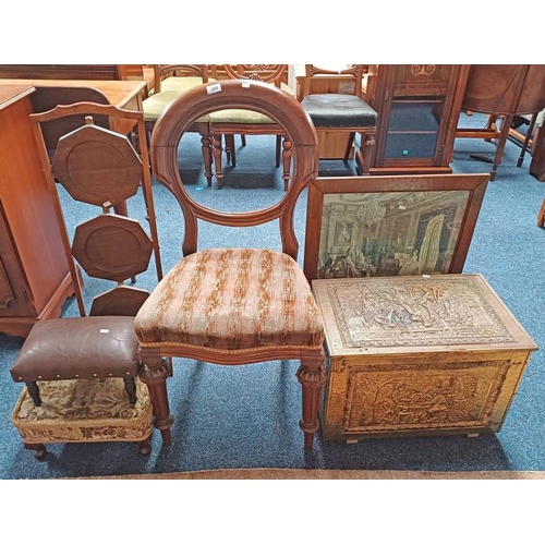 220 - MAHOGANY FOLDING CAKESTAND, BRASS COAL BOX WITH EMBOSSED DECORATION, ETC - 7 PIECES