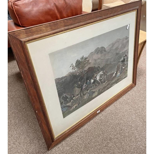 221 - OAK FRAMED COLOURED ENGRAVING 'CROSSING A HIGHLAND LOCH', 56 X 85 CM