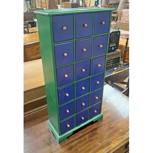 230 - PAINTED MULTI DRAWER TABLE TOP CHEST OF DRAWERS.  60 CM TALL  X 30 CM WIDE