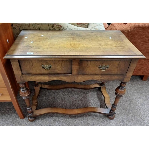 248 - 20TH CENTURY WALNUT SIDE TABLE WITH 2 DRAWERS ON TURNED SUPPORTS WITH UNDERSTRETCHERS