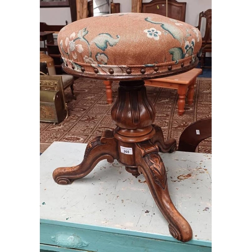 265 - 19TH CENTURY MAHOGANY CIRCULAR PIANO STOOL WITH FLORAL TAPESTRY TOP & 3 SPREADING SUPPORTS, STAMPED ... 