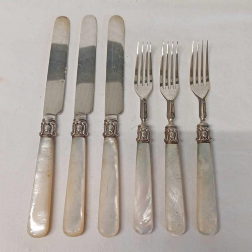 3194 - 3 SILVER AND MOTHER OF PEARL FORKS & 3 SILVER & MOTHER OF PEARL KNIVES, SHEFFIELD 1869