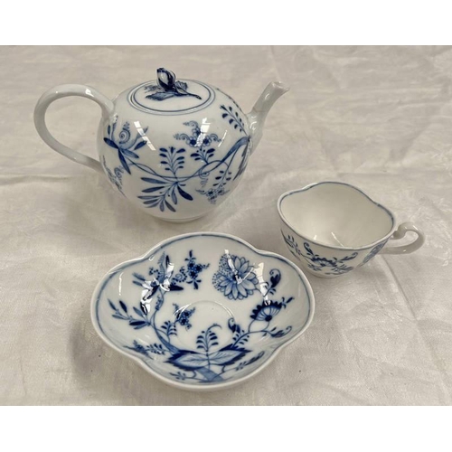 3202 - MEISSEN BLUE & WHITE TEAPOT, & CUP & SAUCER