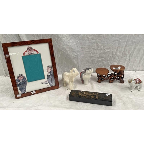 3219 - SIGNED ART GLASS ELEPHANT 2 OTHER ELEPHANTS, ORIENTAL LACQUER BOX, ORIENTAL HARDWOOD STAND & FRAMED ... 