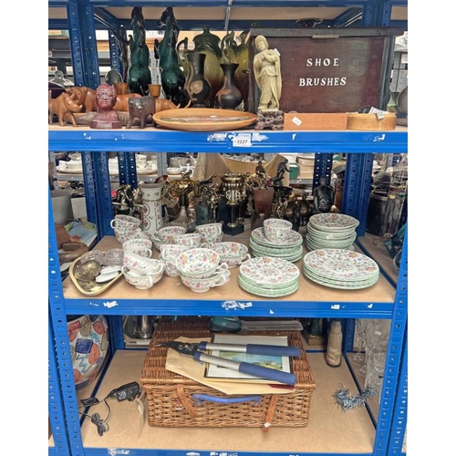 3227 - PICNIC HAMPER, WOODEN SHOE, BRUSH BOX, VARIOUS WOODEN CARVINGS, VARIOUS COINS & WRIST WATCHES, MINTO... 