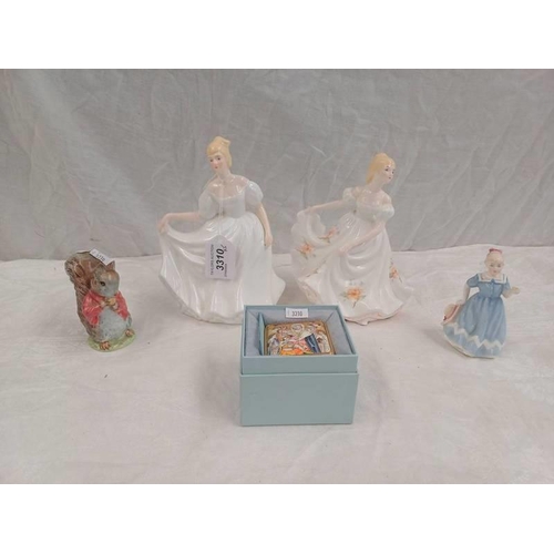 3310 - 3 ROYAL DOULTON FIGURES, HALCYON DAYS, ENAMEL BOX & BESWICK BEATRIX POTTER TIMMY TIPTOES