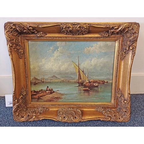 3442 - GILT FRAMED PICTURE OF COASTAL SCENE.  30 X 39 CM