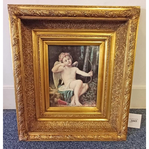 3443 - GILT FRAMED PICTURE OF CHERUB WITH BOW  24 X 19 CM