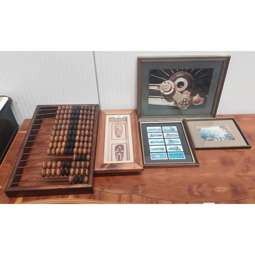 347 - MAHOGANY FRAMED ABACUS & 4 FRAMED PICTURES