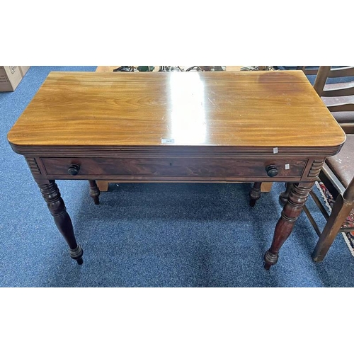 349 - 19TH CENTURY MAHOGANY TEA TABLE WITH FLIP UP TOP & SINGLE DRAWER ON TURNED SUPPORTS