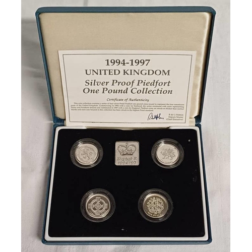 4008 - 1994-1997 UK SILVER PROOF PIEDFORT ONE POUND COLLECTION, IN CASE OF ISSUE WITH C.O.A.