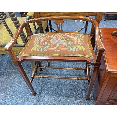 423 - LATE 19TH CENTURY MAHOGANY PIANO STOOL WITH SHAPED BACK & FLORAL TAPESTRY SEAT